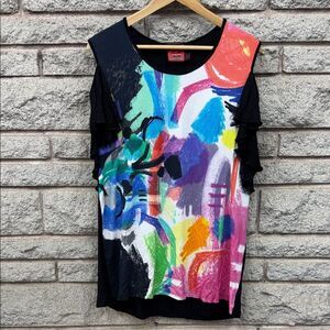 Simon Chang Multicolor Abstract Short Sleeve Top